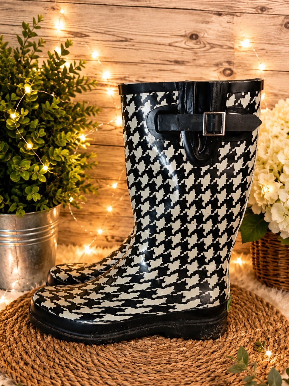 Western Chief Black and White Houndstooth Adjustable Buckle Rain Boots